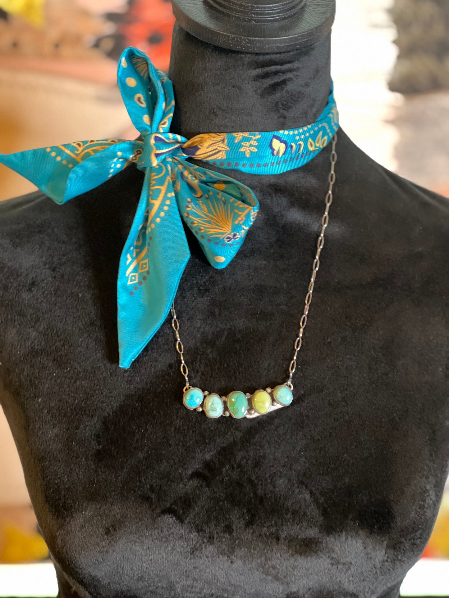 LORENZO JUAN | HANDCRAFTED NAVAJO Five Stone Turquoise Bar Necklace