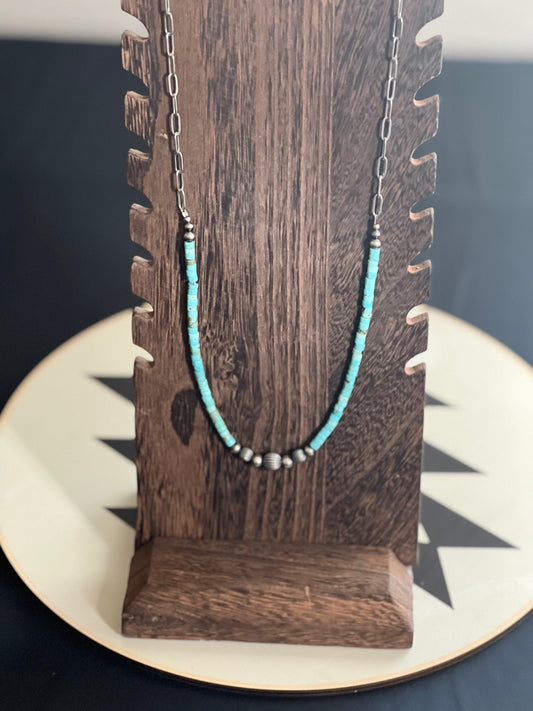 Turquoise Heishi Bead & Paperclip Necklace