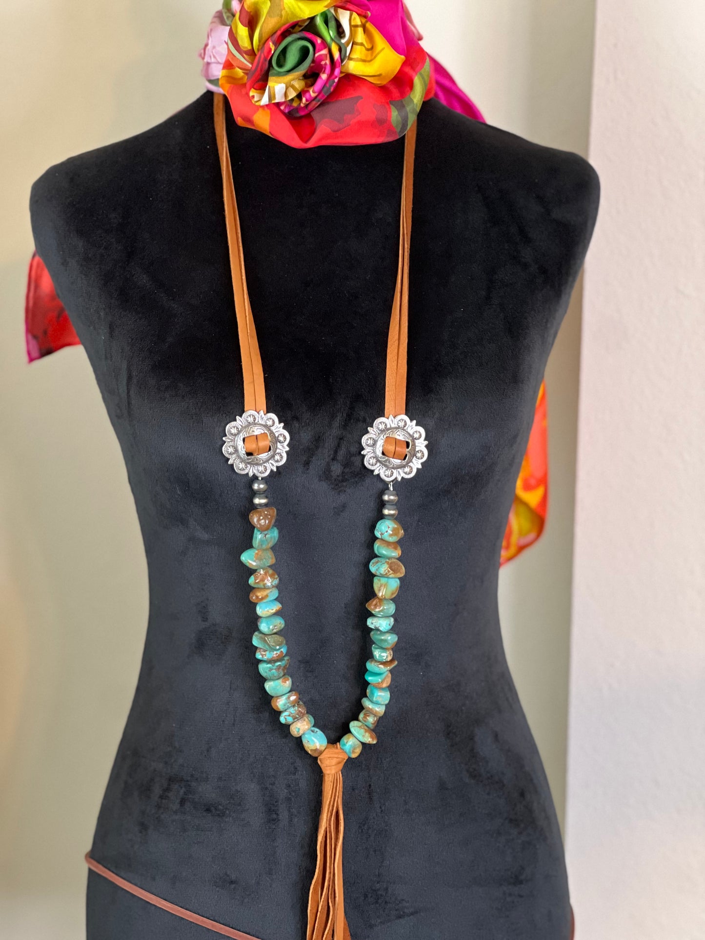 “Tex - 1” Turquoise & Leather w/Concho Necklace