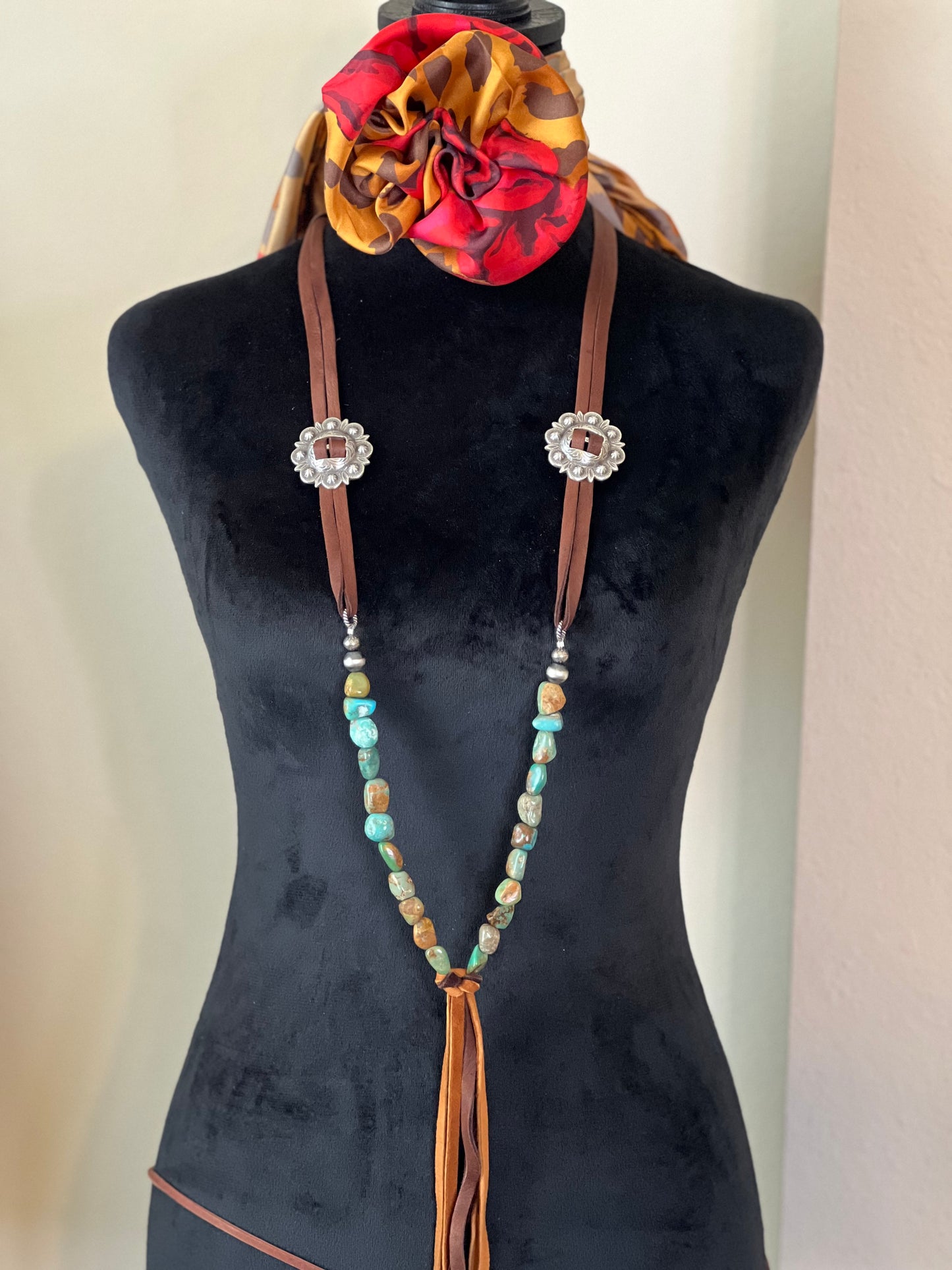 “Tex - 2” Turquoise & Leather w/Concho Necklace