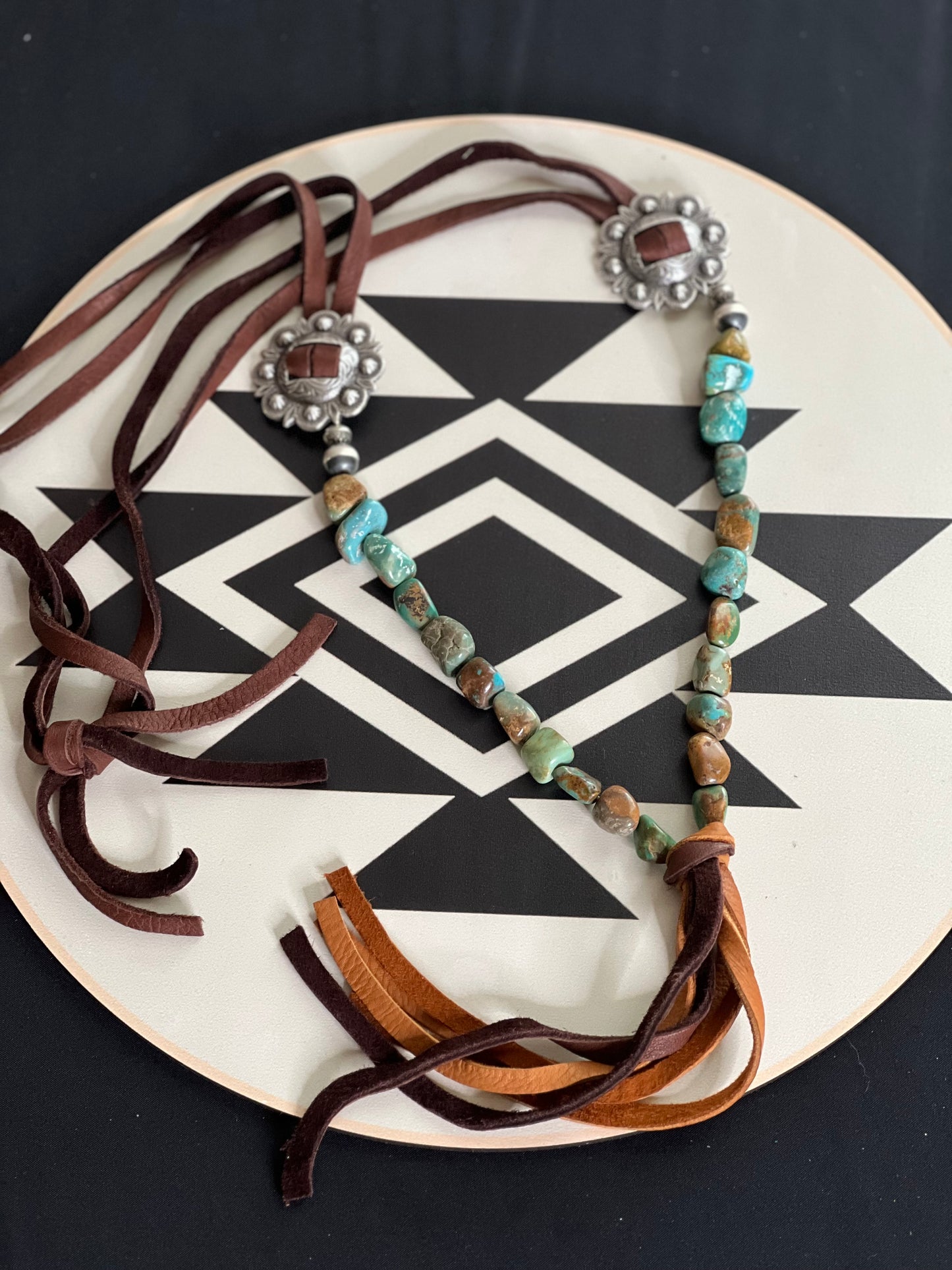 “Tex - 2” Turquoise & Leather w/Concho Necklace